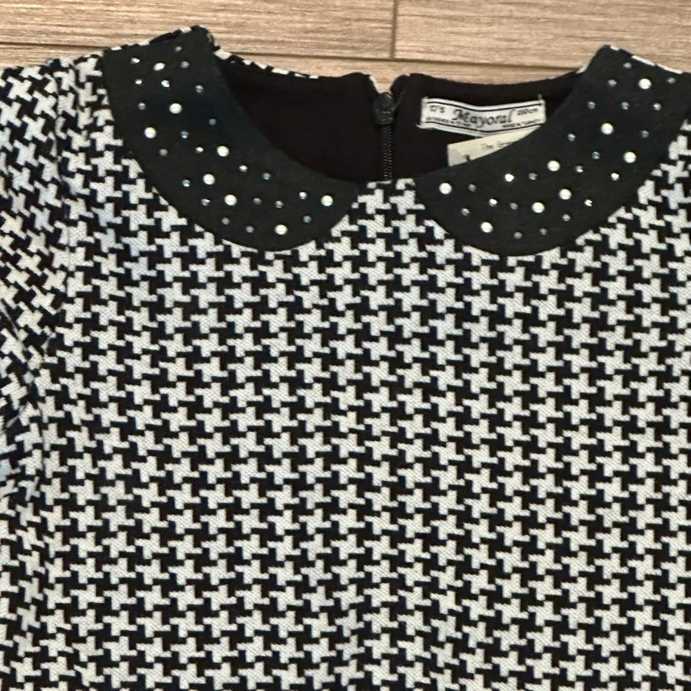 NWT! Mayoral Girls 5 Houndstooth Peter Pan Sparkle Collar Ruffle Hem Dress